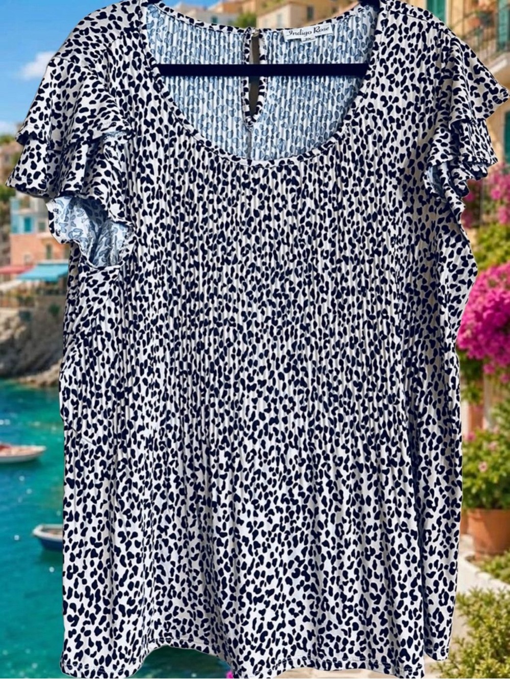 Indigo Rose 2X Beige and Black Animal Print Ruffle Sleeve Blouse